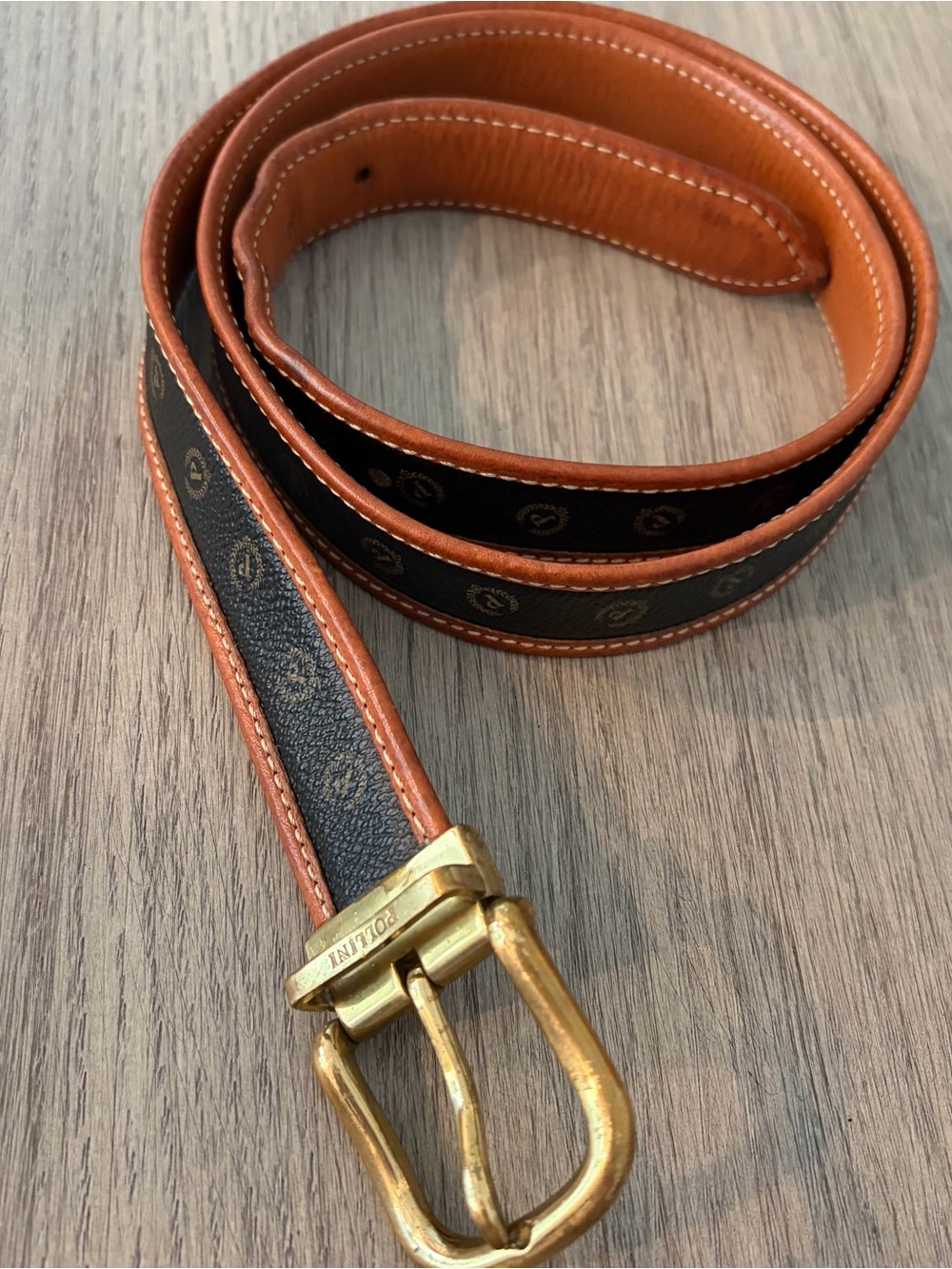Pollini Vntg Heritage Monogram Cognac Leather Belt Made In Italy Approx 38”x1”